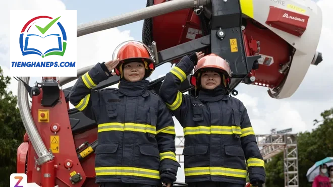 Đội ngũ lính cứu hỏa và nhân viên cứu hộ minh họa nhóm từ vựng tiếng Hàn về nghề nghiệp